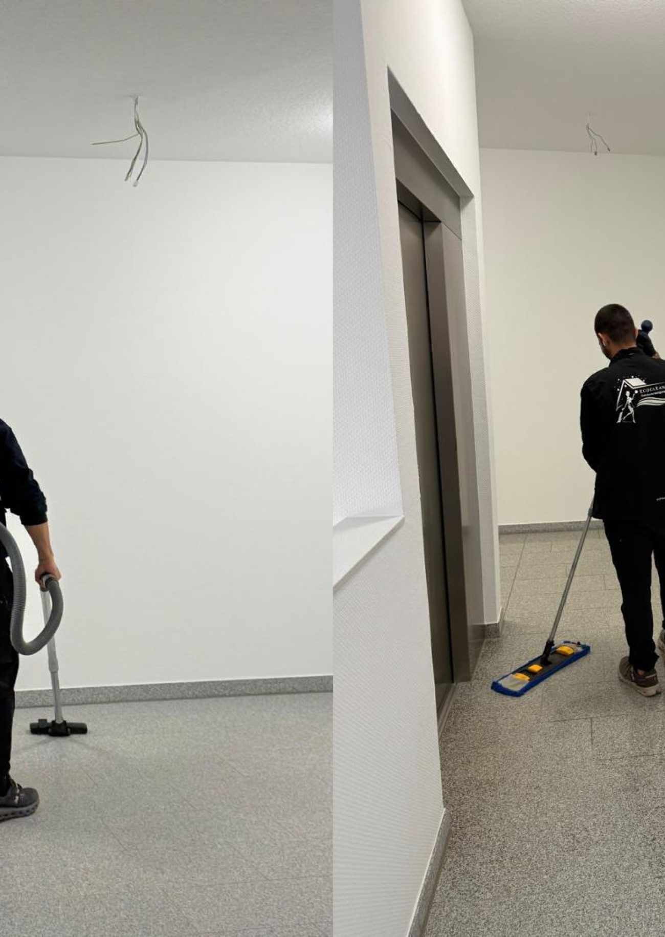 Gebäudereiniger mit Rucksack-Sauger und Wischmopp im Flur